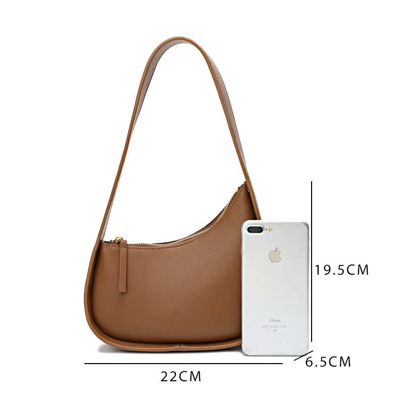 Genuine leather women's half moon shoulder bag with wide strap and soft handle