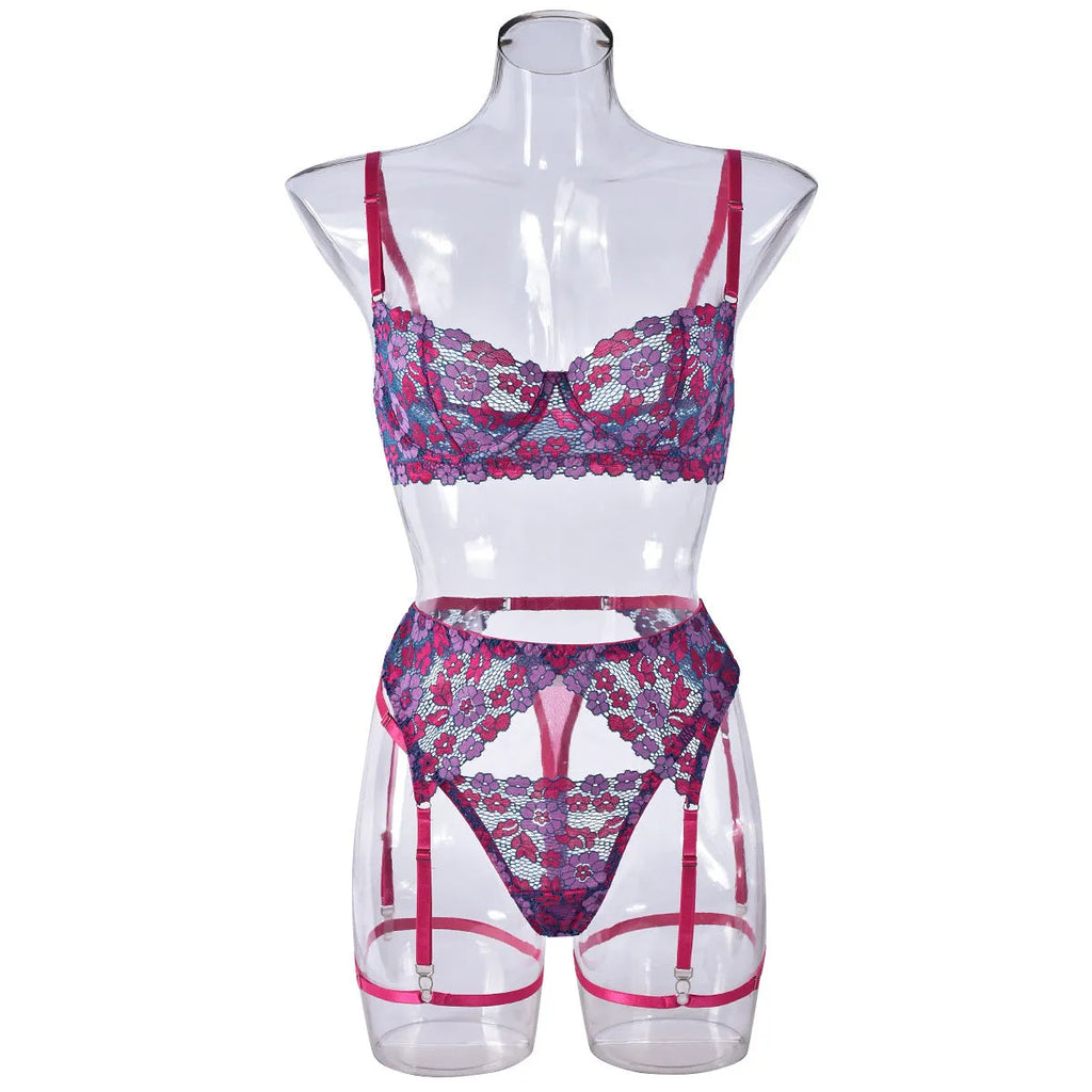 Rose red women's bikini set with contrast colour embroidery, Asian sizes available