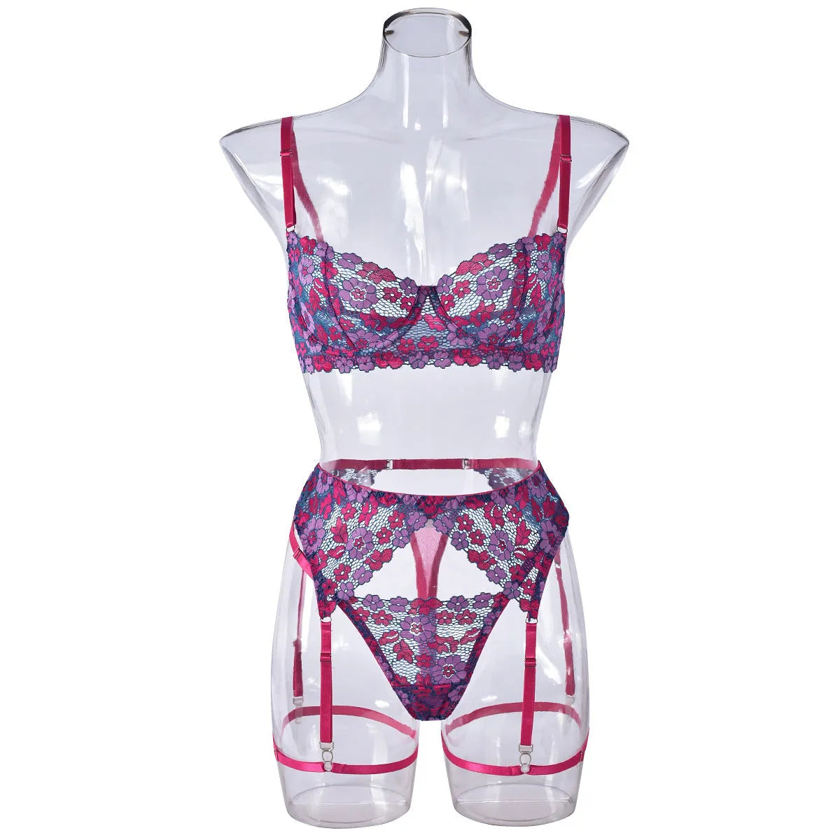 Rose red women's bikini set with contrast colour embroidery, Asian sizes available