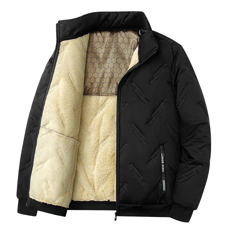 Men's graphene-design winter coat in black, thickened fleece, long sleeves, casual style