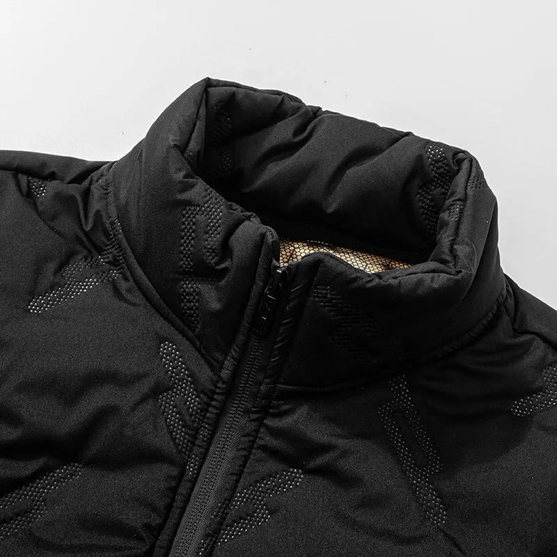 Men's graphene-design winter coat in black, thickened fleece, long sleeves, casual style