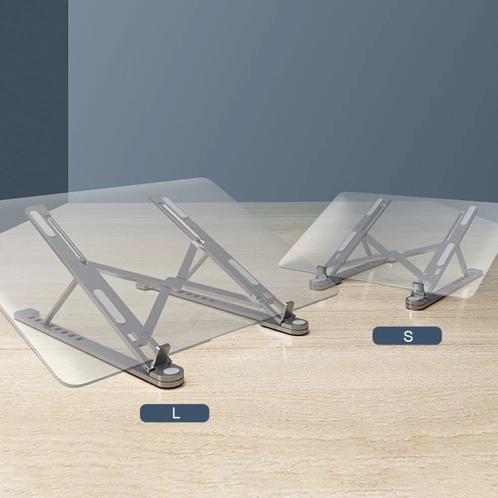 Silver aluminium laptop stand holding a MacBook, shown in both open and folded flat positions.