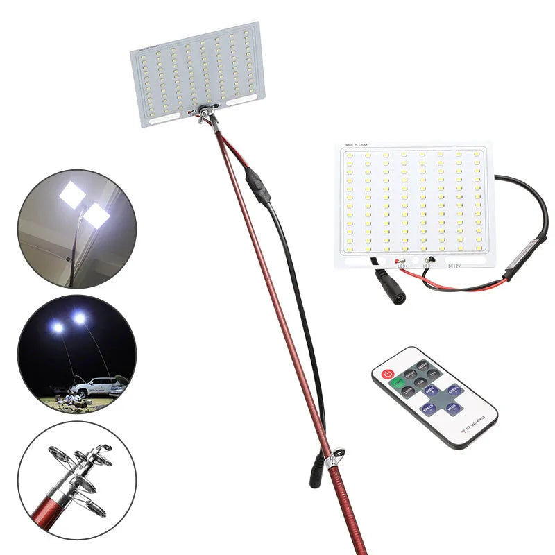 LED fishing rod light with telescopic pole and remote control for outdoor night fishing and camping