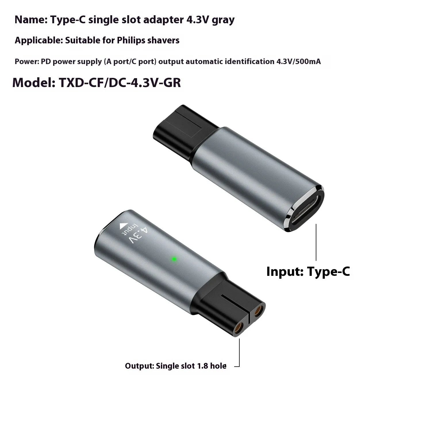 Black and grey aluminium USB-C charging adapter for electric shavers with 4.3V 8W output.