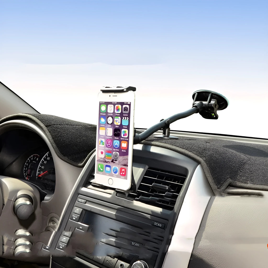 Black universal vehicle-mounted tablet and phone holder with suction cup for 4–12 inch devices.