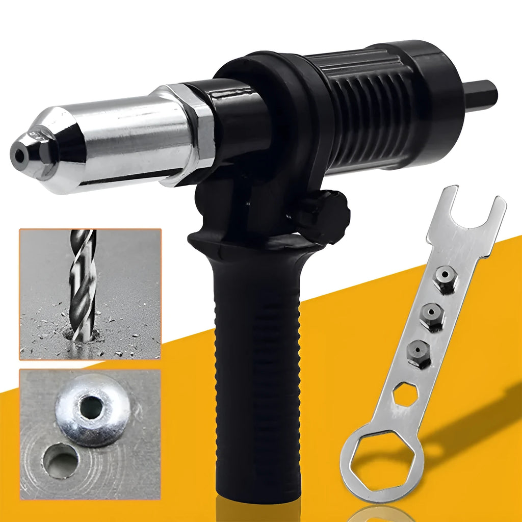 Black metal electric drill rivet gun attachment tool with a three-jaw chuck, 173mm long.