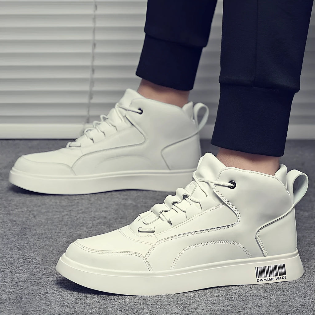 Men's white and black mid-top casual board shoes with lace-up front and rubber sole