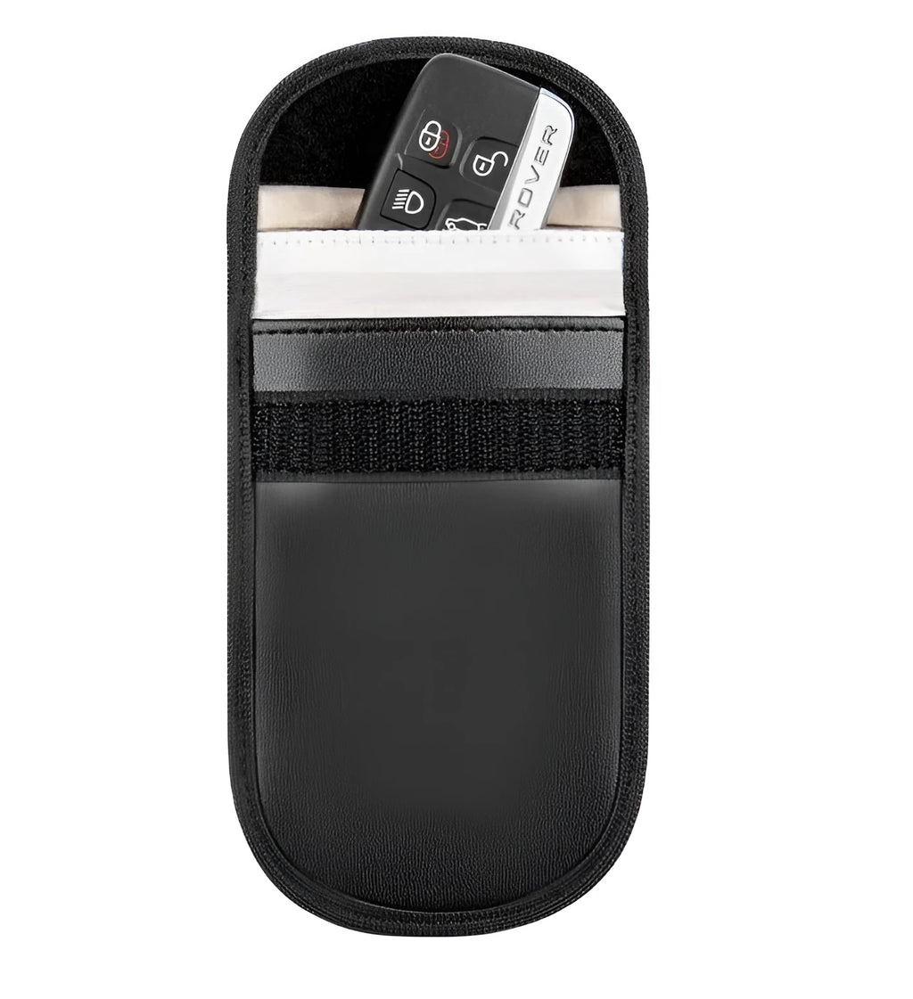 Black rectangular microfiber RFID shielding bag for car keys and bank cards.