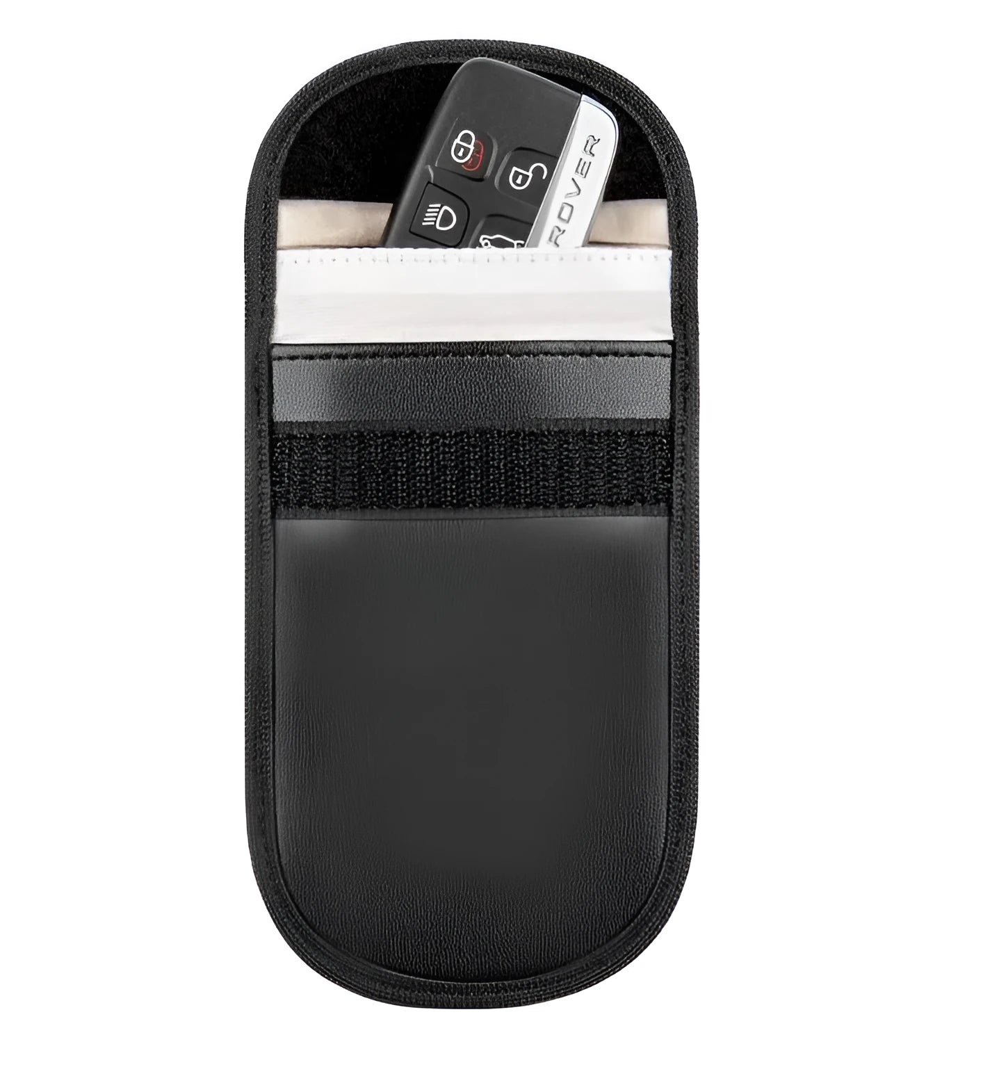 Black rectangular microfiber RFID shielding bag for car keys and bank cards.