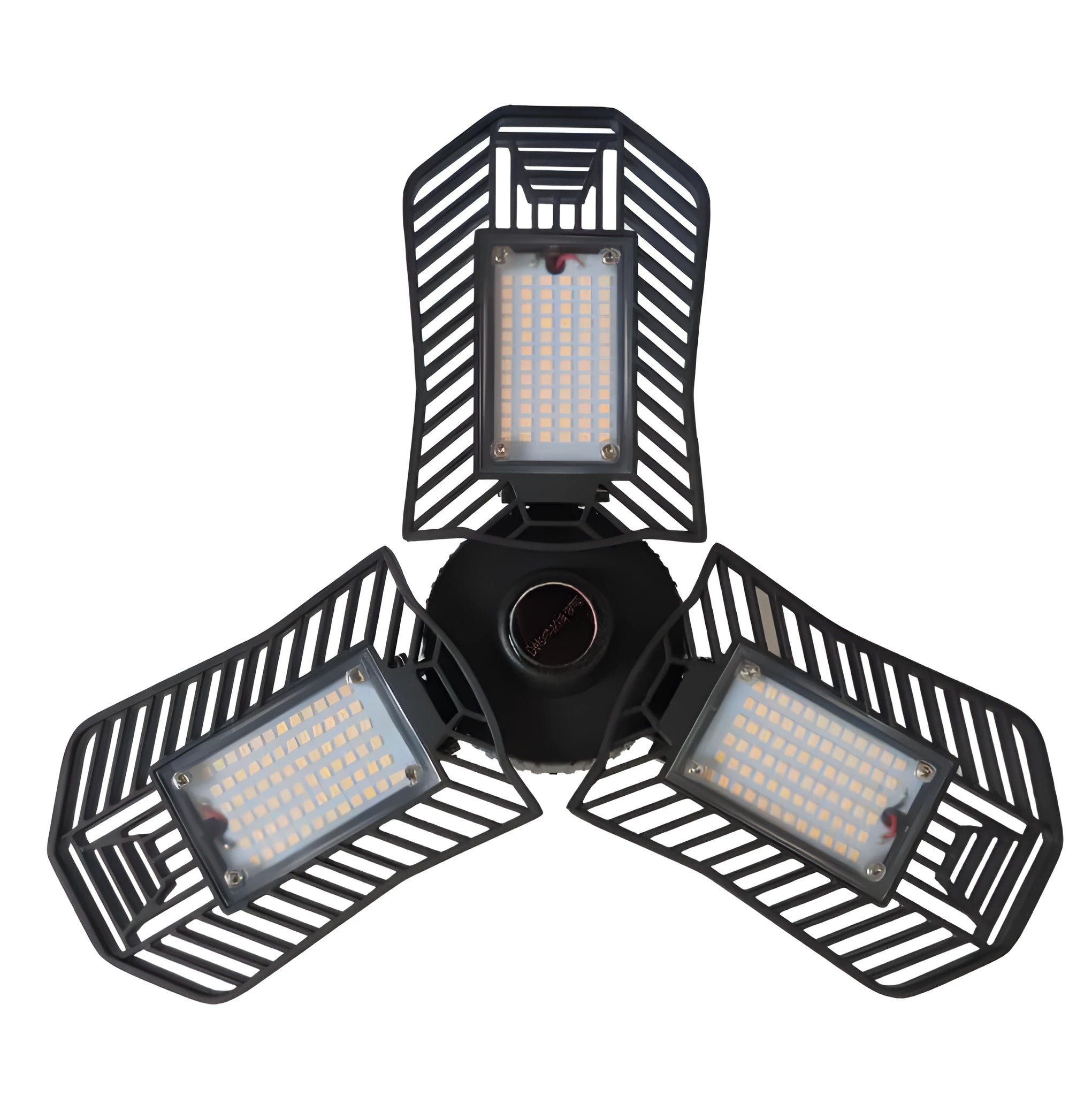 A foldable silver aluminium industrial LED garage lamp showing its waterproof housing and wide-angle light beam.