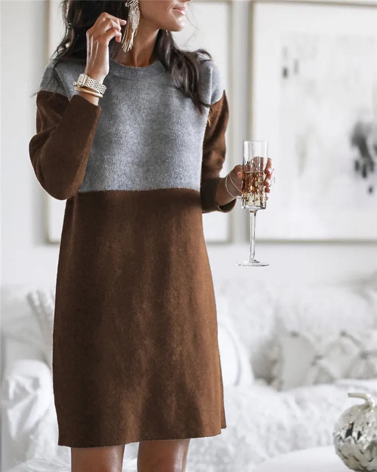 Brown women's polar fleece sweater dress with patchwork detailing and princess dress silhouette