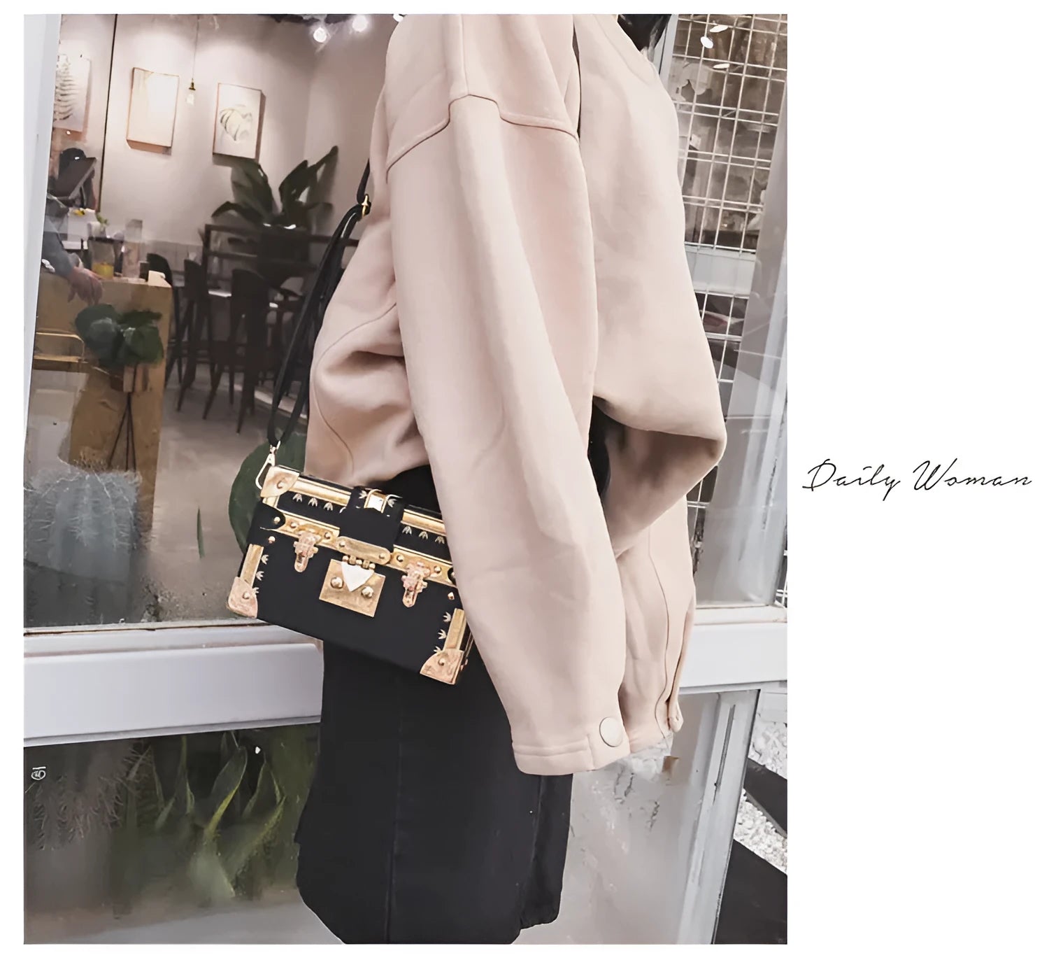 Hard structured PU leather women's shoulder bag with rivet decoration and hasp closure flap