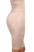 Women's black seamless high-waist shapewear shorts laid flat showing tummy control panel.
