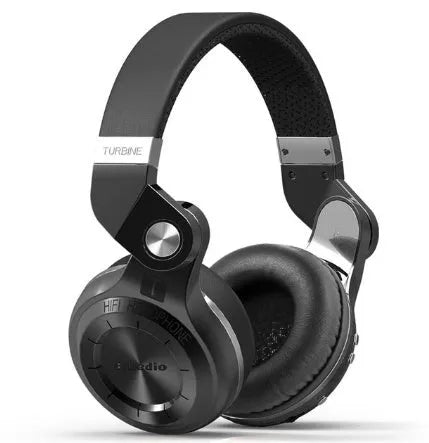Bluedio T2 Plus wireless Bluetooth on-ear headphones in blue, shown with USB and audio cables.