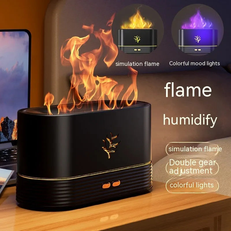 Square-shaped USB flame humidifier with LED aroma diffuser in white or black colour creating realistic fire effects