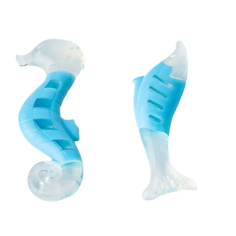 Two colourful PU nylon dog chew toys: a blue seahorse and an orange tuna.