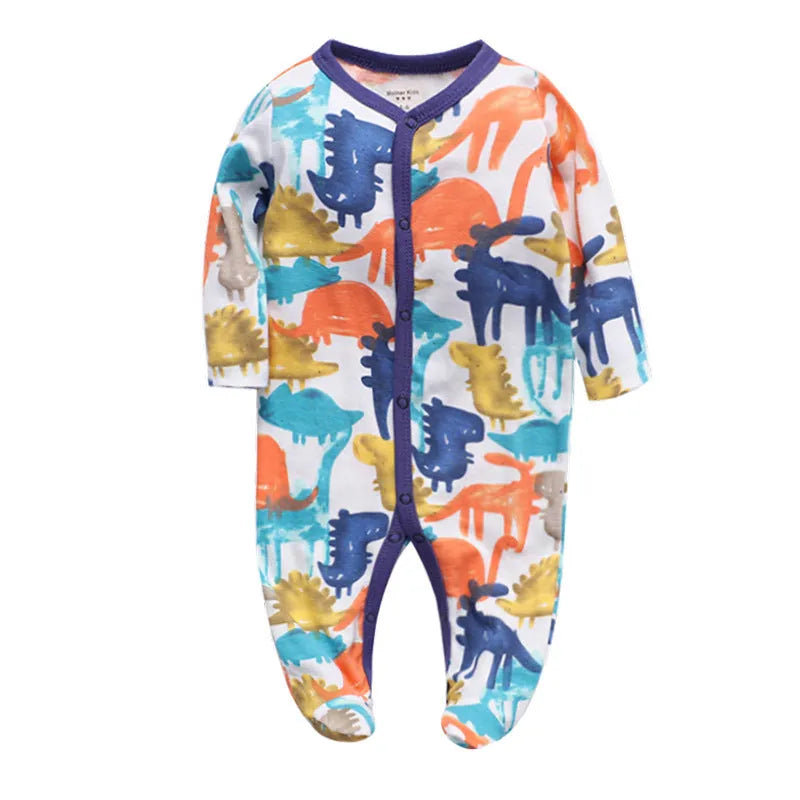Cotton baby one-piece clothes in a dinosaur print design for infants aged 3 to 12 months