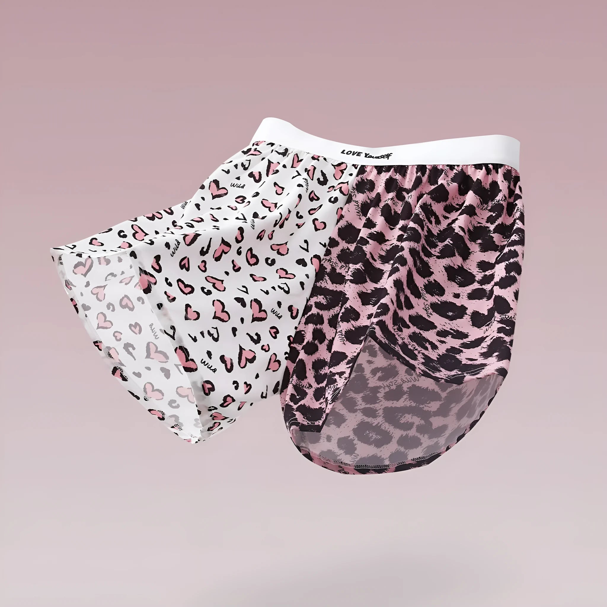 Men's leopard print loose woven boxer briefs in ice silk fabric showing quick-drying sports design