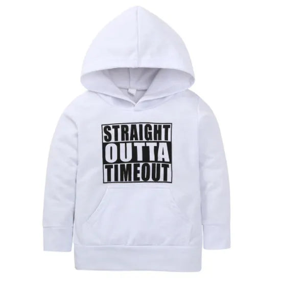 Boys' black hooded sweater with white letter print, long sleeves, and pullover neck.