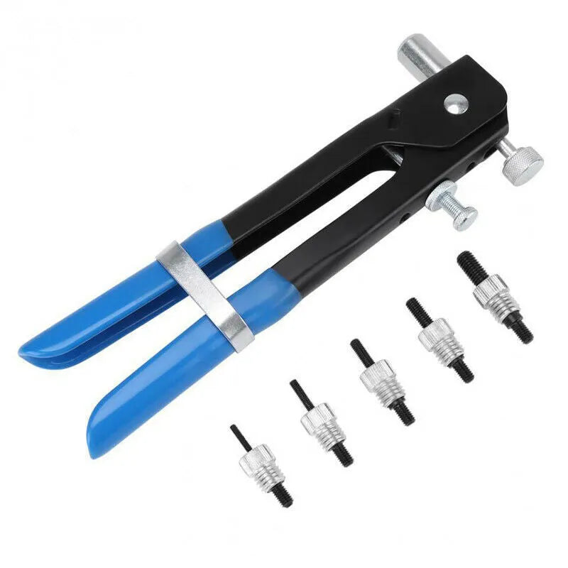 Manual riveter nut set in alloy steel with multiple tool heads arranged in gun-style configuration