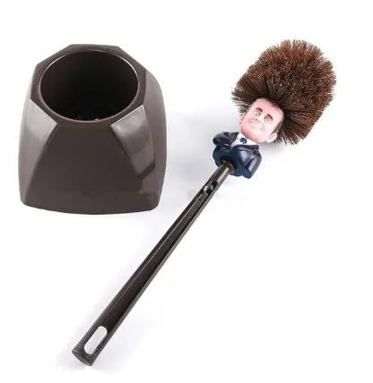 Yellow plastic Donald Trump novelty toilet brush with hanging handle, 40cm long