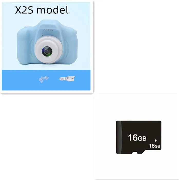 X2 HD mini cartoon kids digital camera in silicone body with 2-inch screen and lanyard.