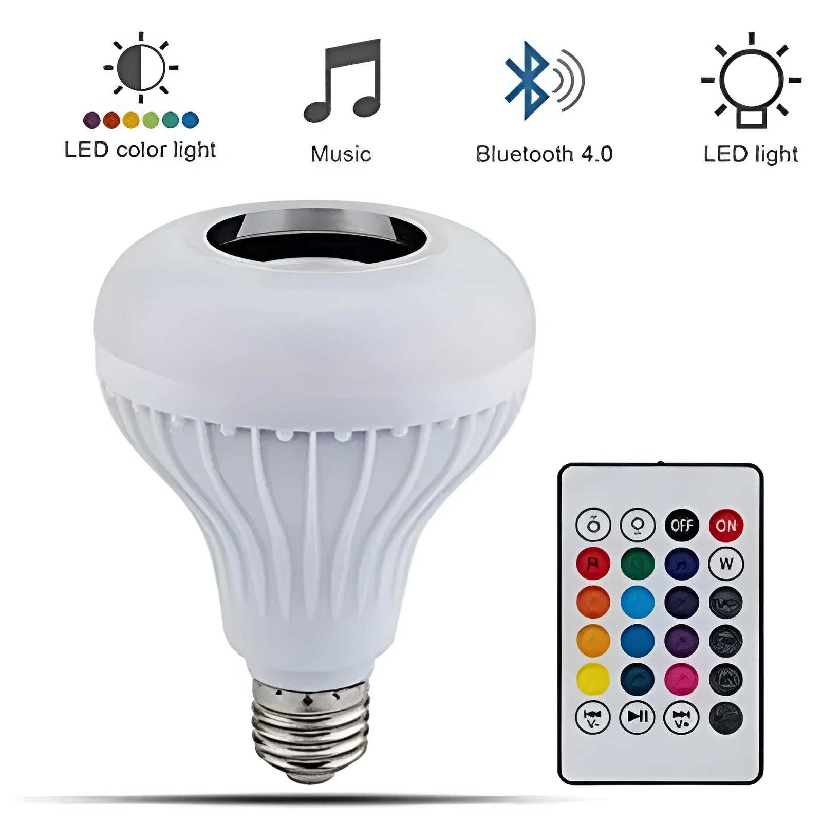 White smart LED bulb with Bluetooth speaker and remote control for colour changing lights.