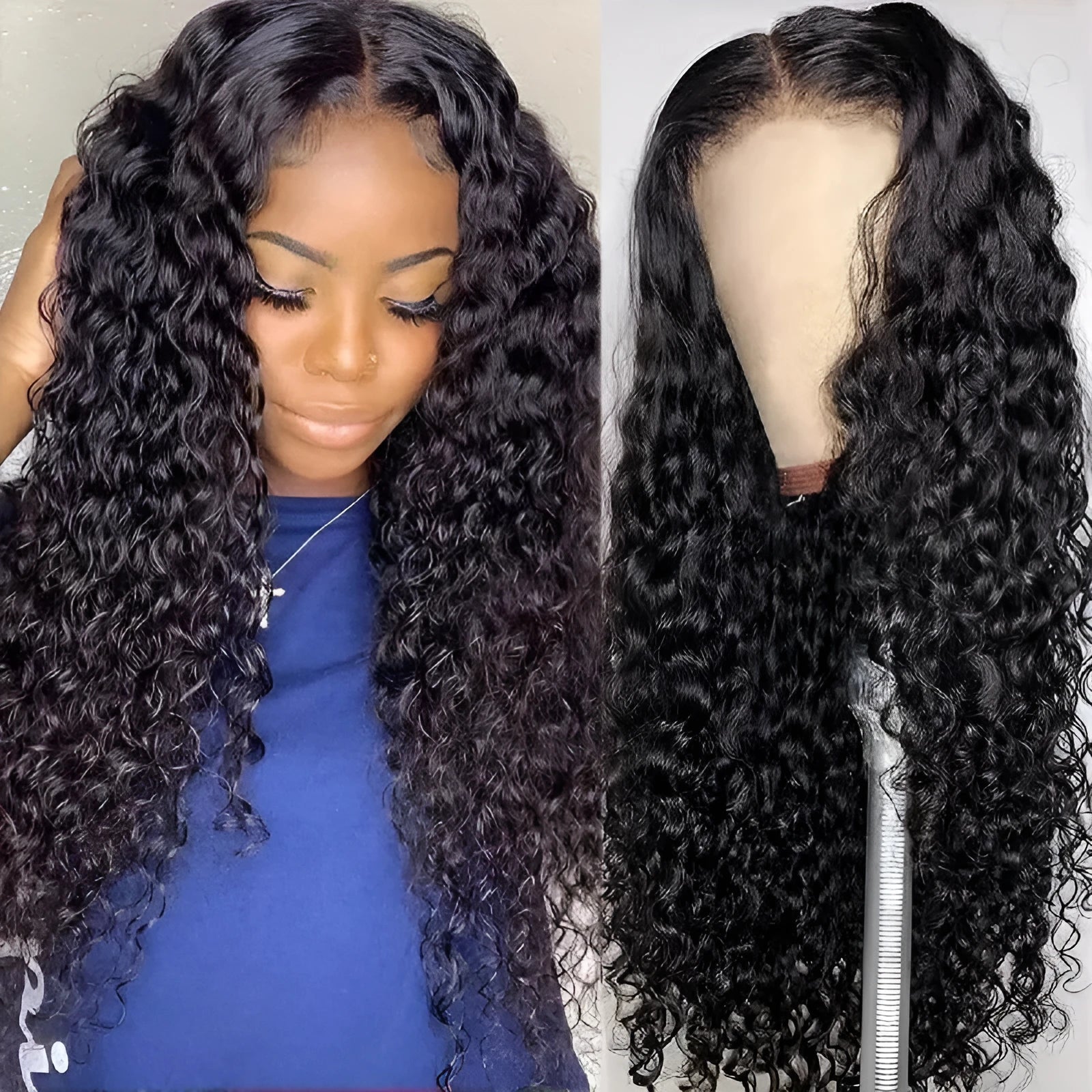 Fashion front lace synthetic wig with long curly hair and side bangs, available in multiple colours and sizes for ladies