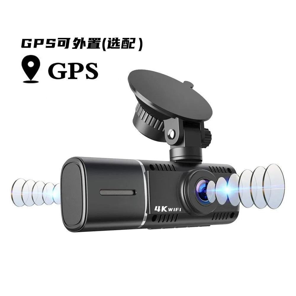 Standard black 1080p dashcam car camera with screen, shown with car charger and stand.