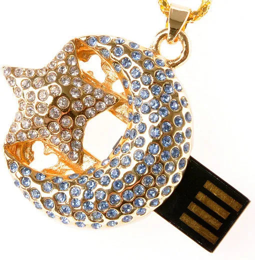 Creative metal jewellery-shaped USB flash drive on a keyring against a plain background.
