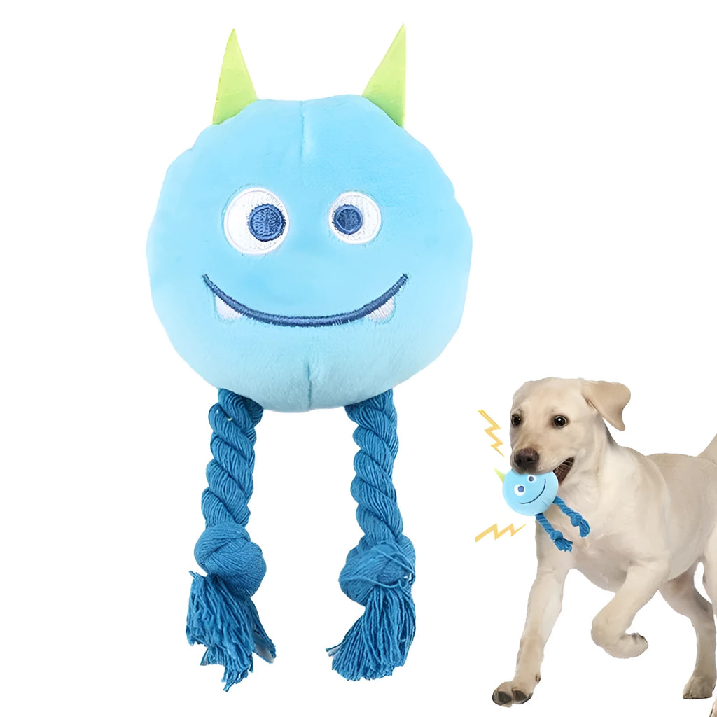 Blue and yellow cartoon-style dog squeaky toys with knot design cotton rope construction
