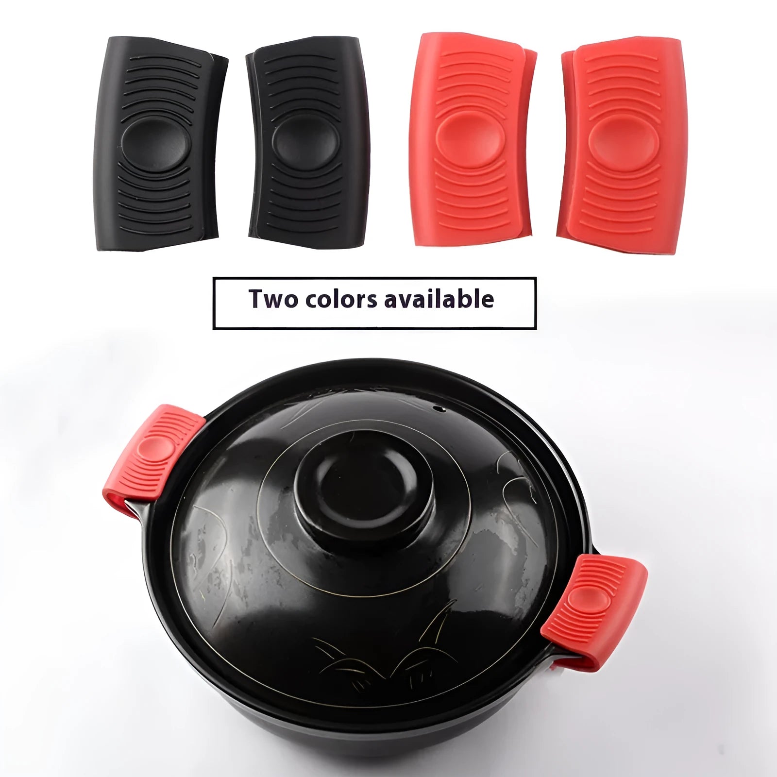 Silicone pot handle holder in black with rounded suit design for heat resistant grip