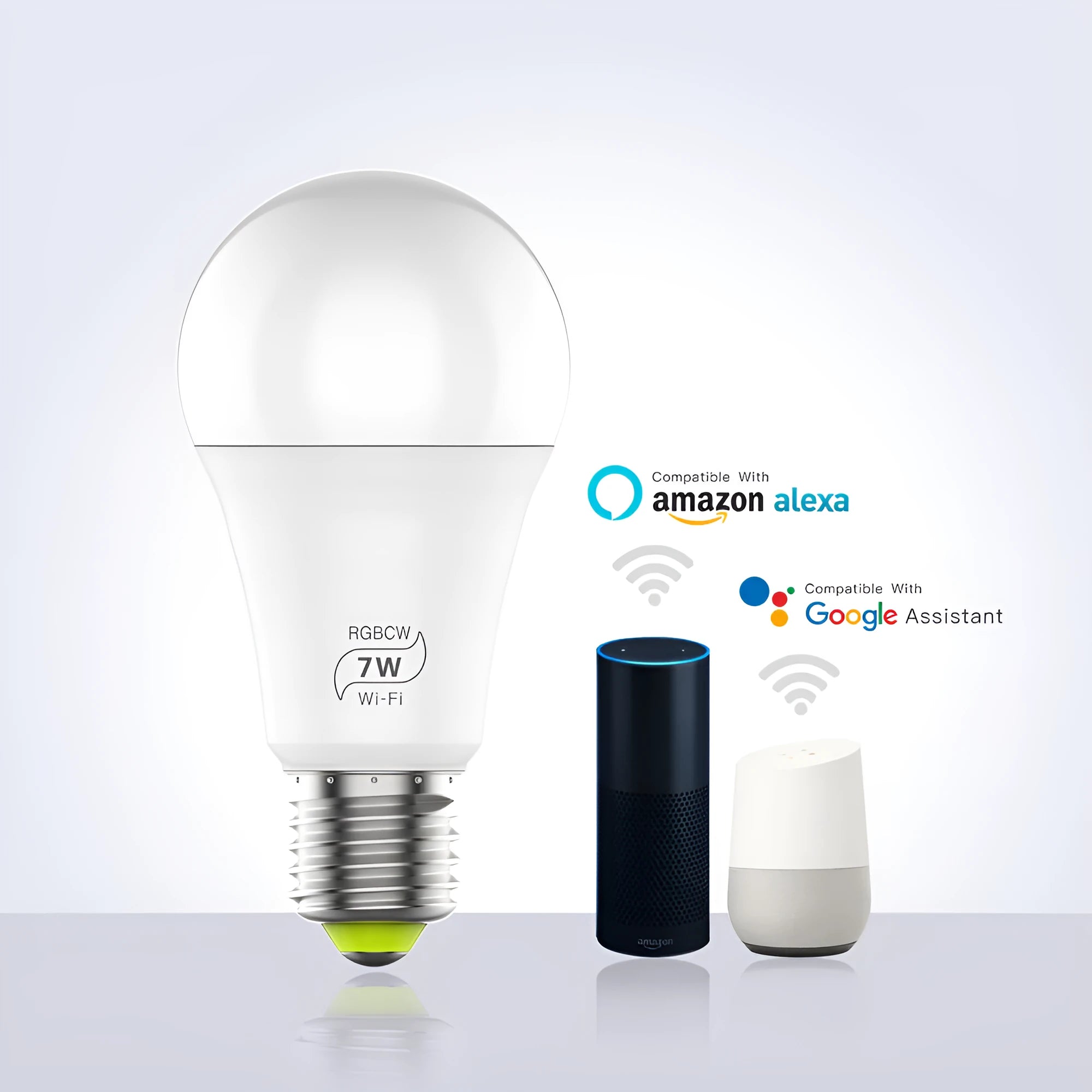 Smart WiFi LED light bulb with Alexa and Google voice control, showing colour temperature and RGB adjustment capabilities