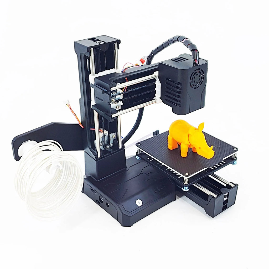 K9 mini desktop 3D printer with compact build chamber, shown in black and blue colour options.