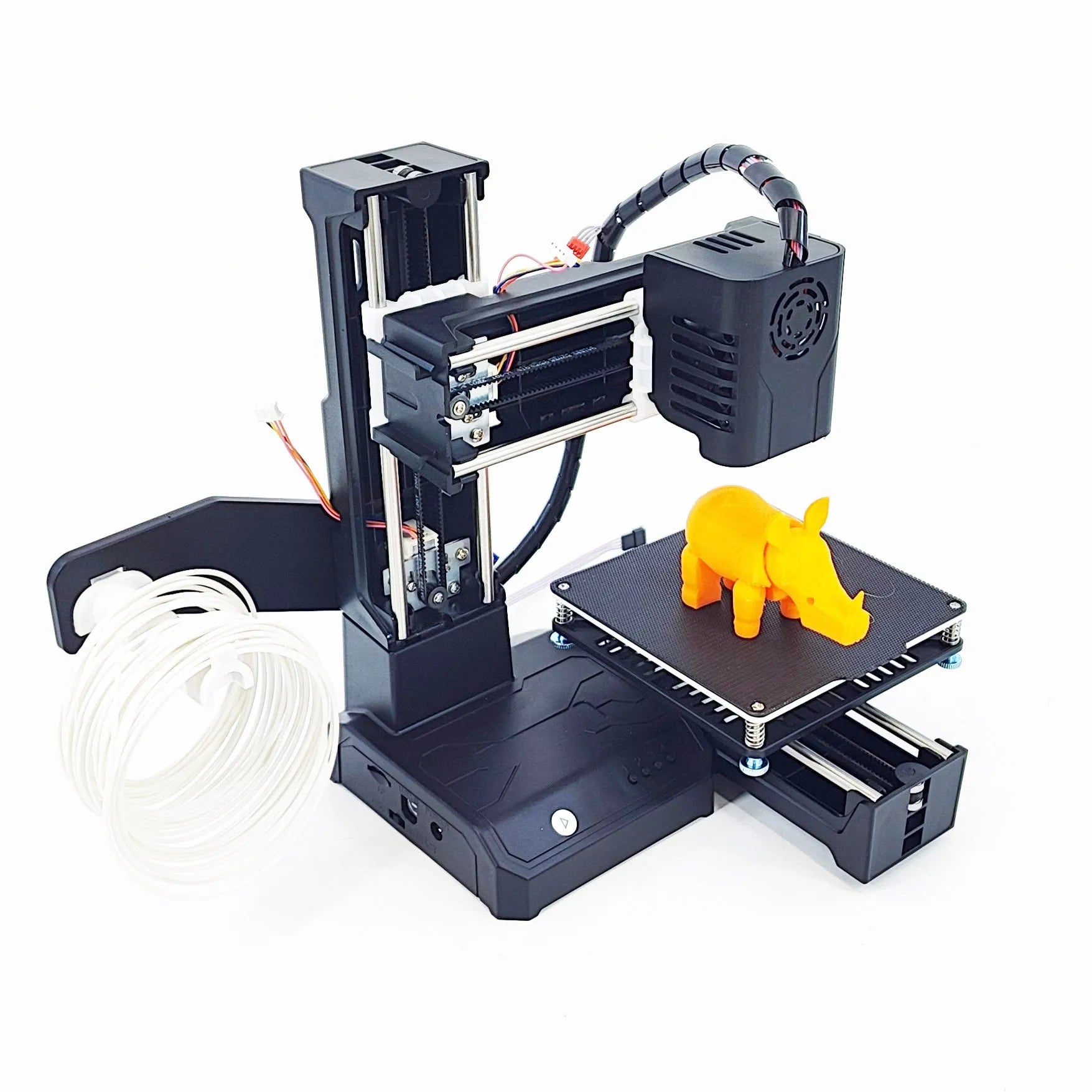 K9 mini desktop 3D printer with compact build chamber, shown in black and blue colour options.