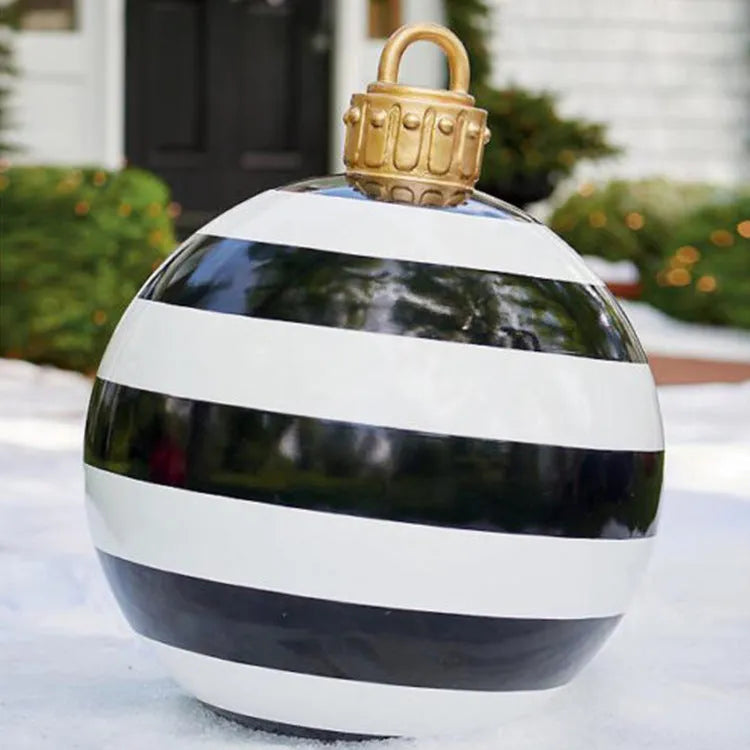 Large red and white striped inflatable PVC Christmas ball ornament with a 60cm diameter.