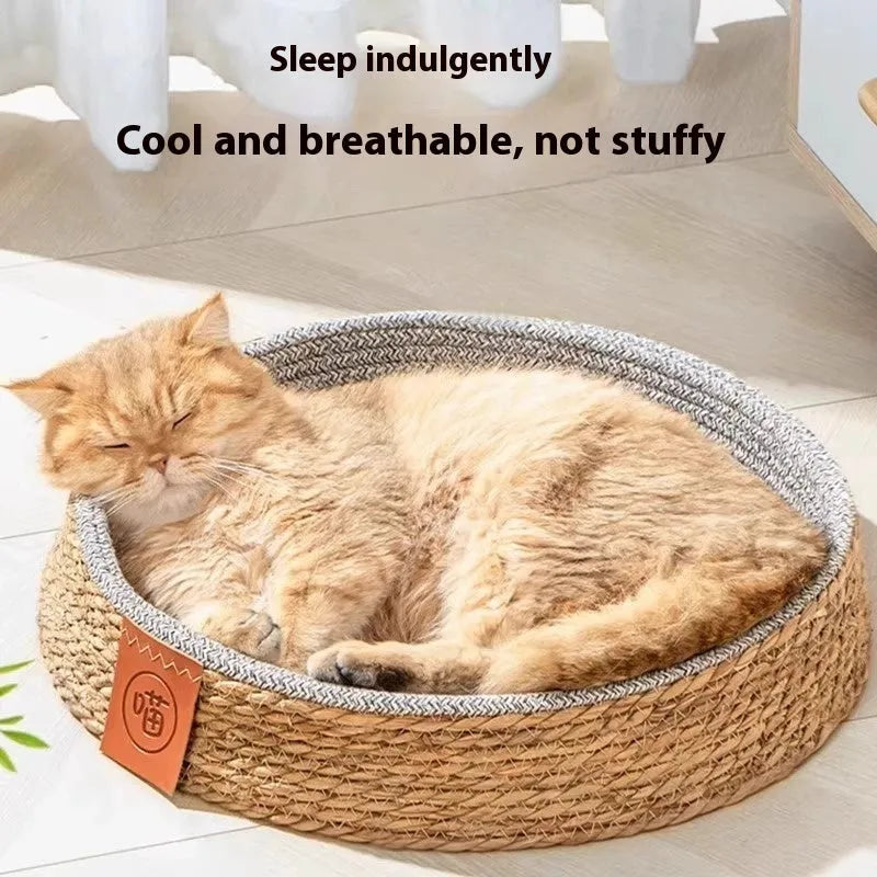 Natural rattan woven cat bed or pet nest available in small, medium, large, and extra-large sizes.