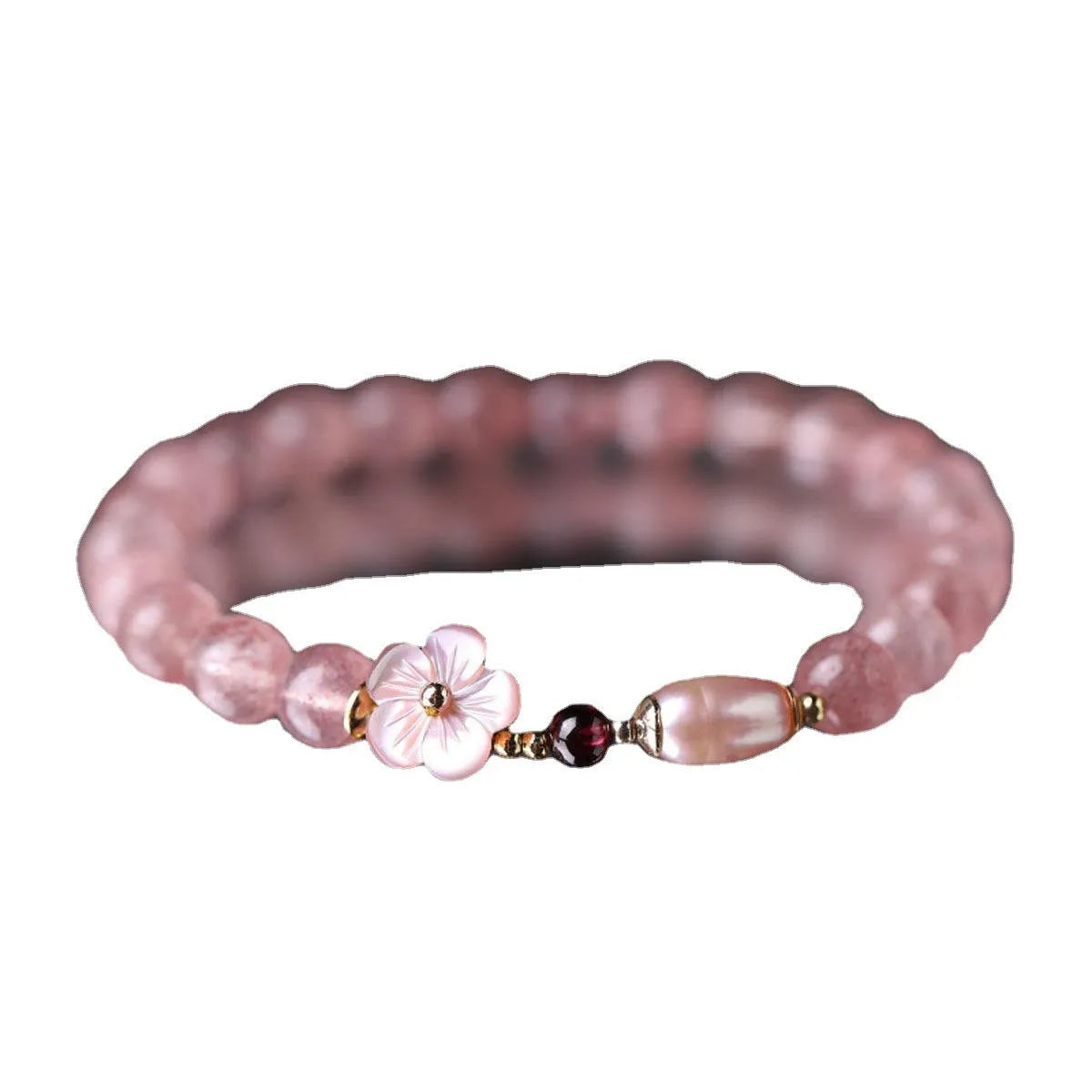 Strawberry quartz crystal bracelet with floral peach blossom design and silver-tone metal fittings
