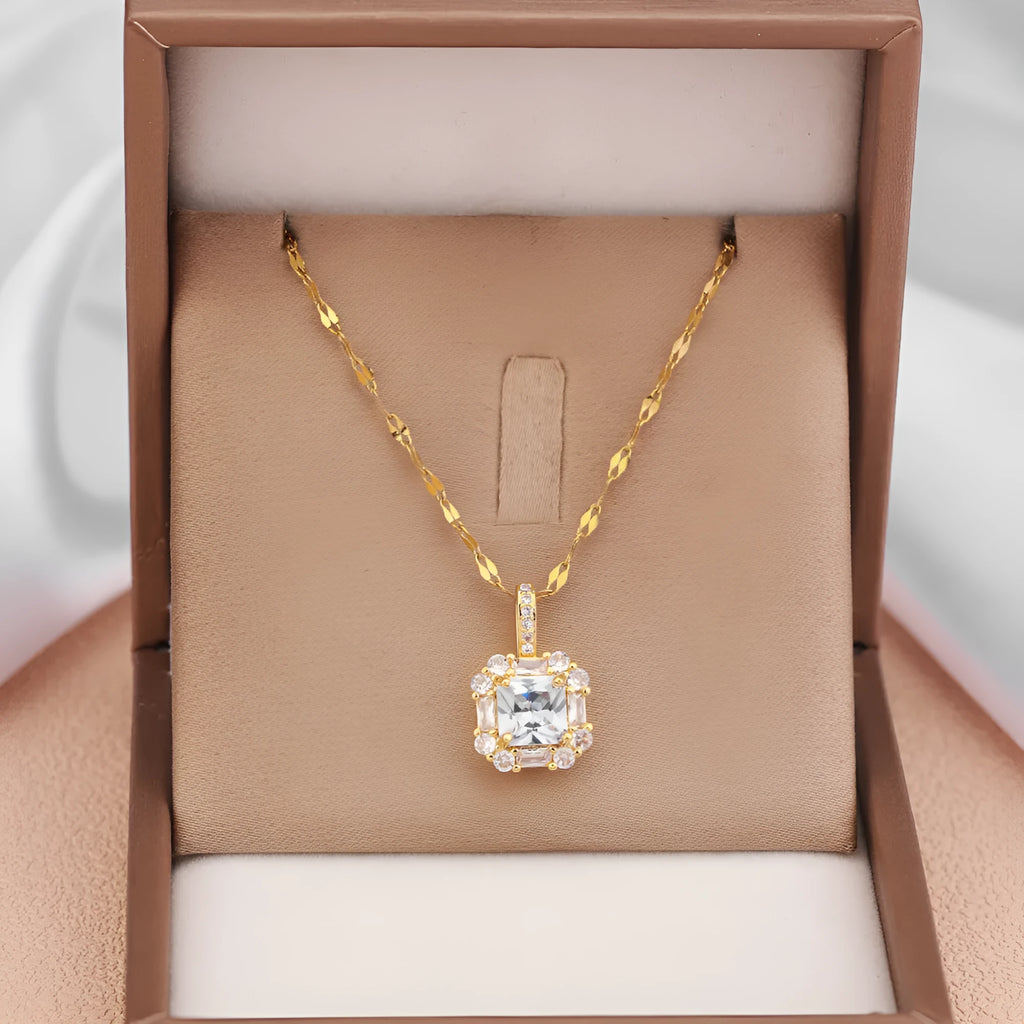 Gold titanium steel clavicle necklace with geometric zircon pendant on water wave chain
