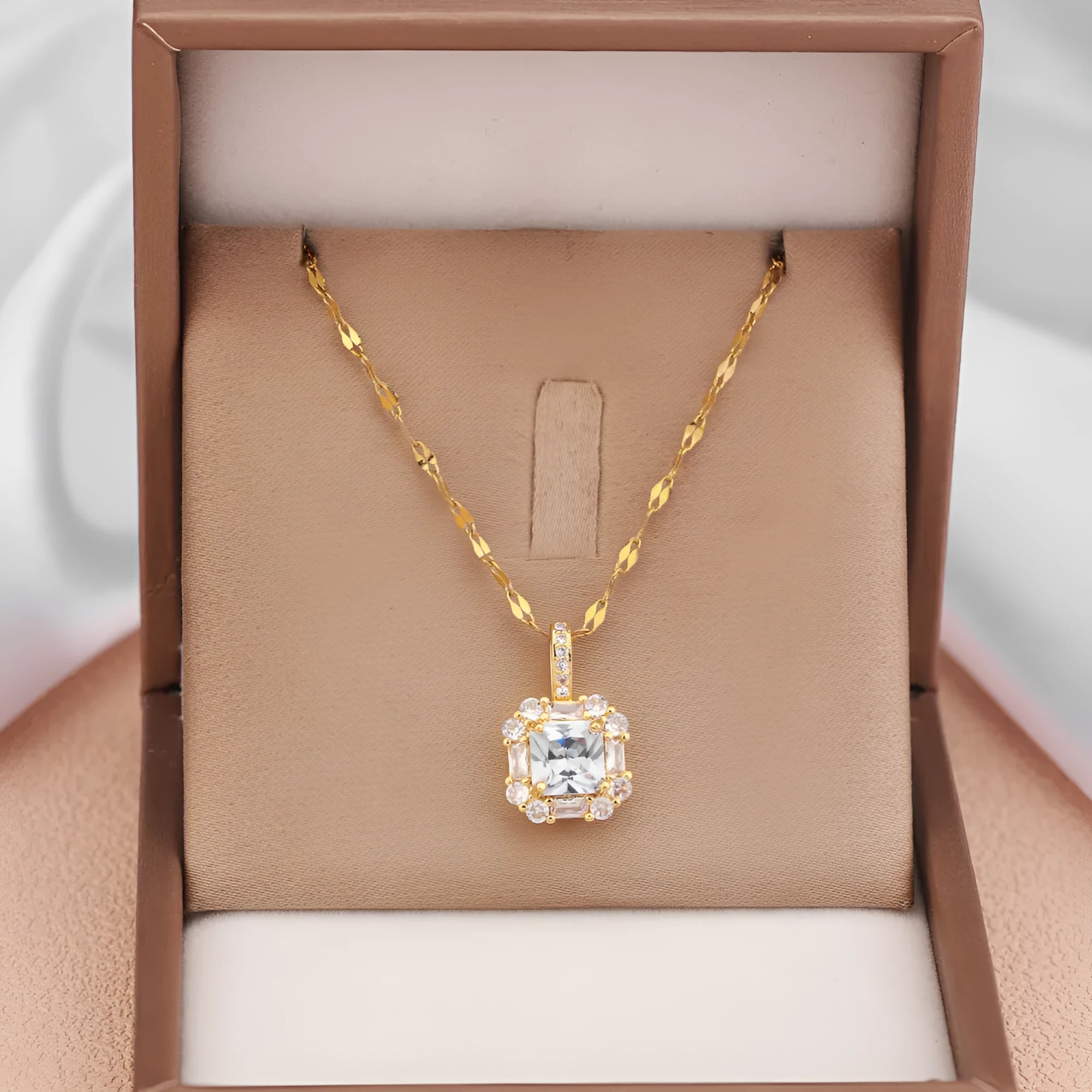 Gold titanium steel clavicle necklace with geometric zircon pendant on water wave chain