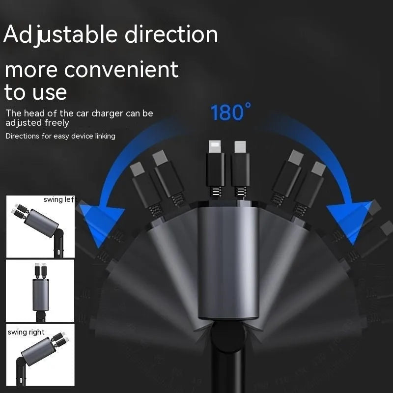 Automatic retractable car charger plugged into a vehicle's cigarette lighter socket with four USB cables extended.