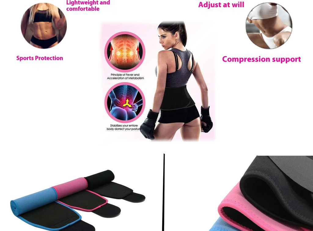 Black neoprene lumbar support waist belt for fitness and running.