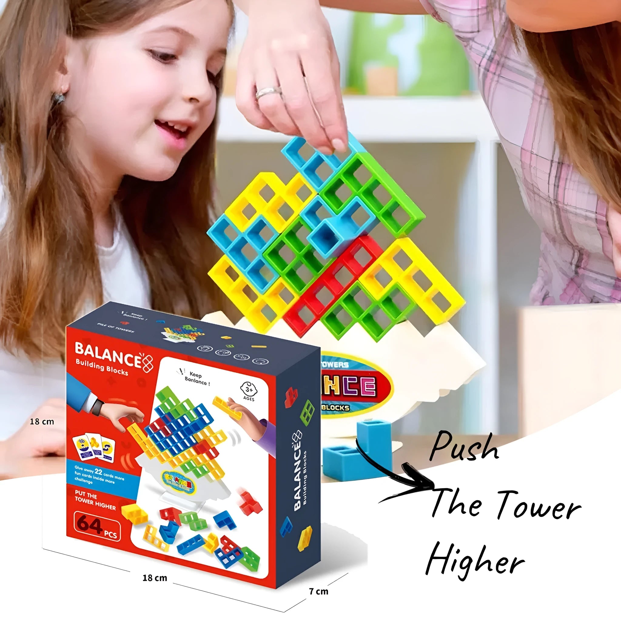 Plastic balance stacking board game with 16 colourful blocks, chassis, and base on a table.