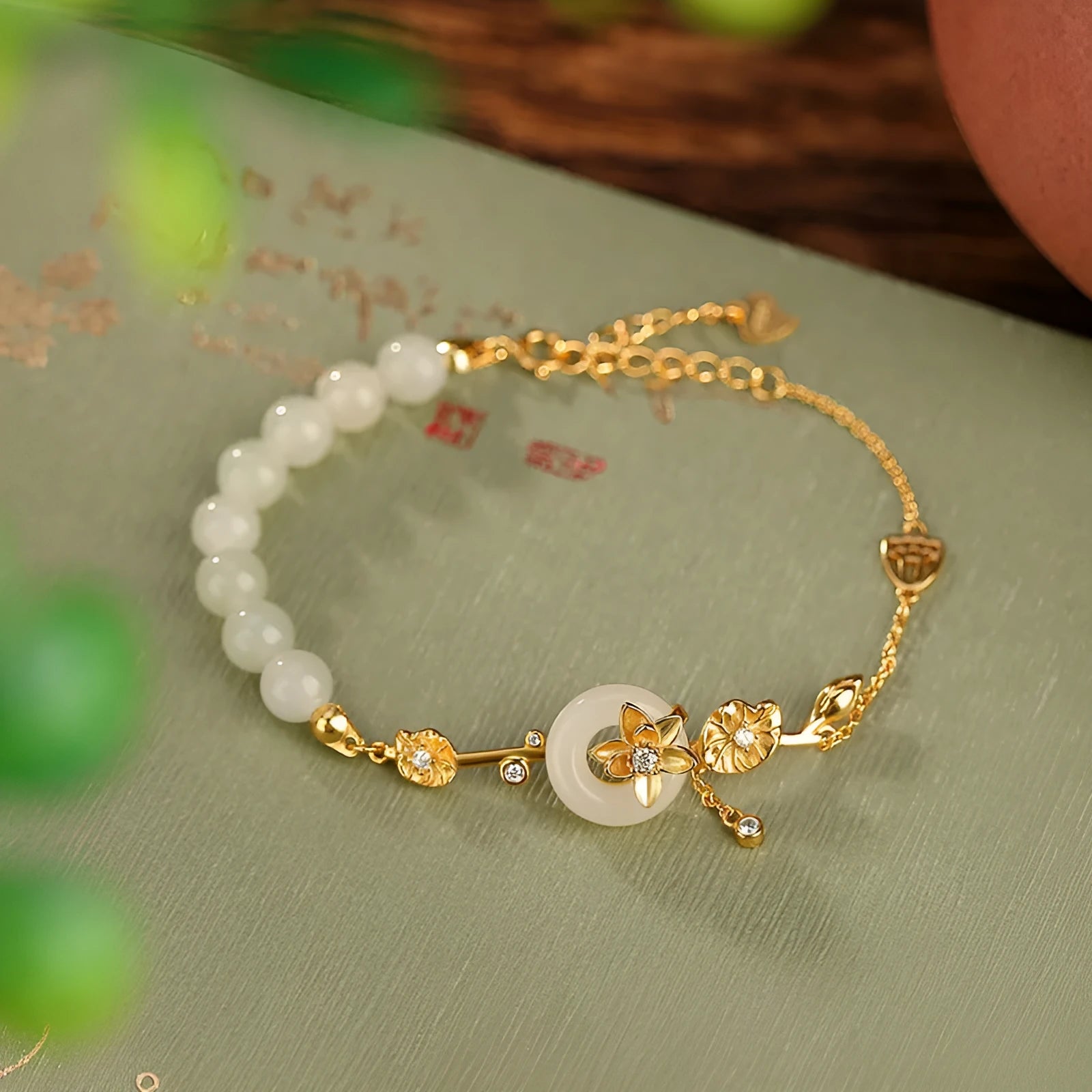 Hetian jade and 925 silver peace buckle bracelet for women in retro style.