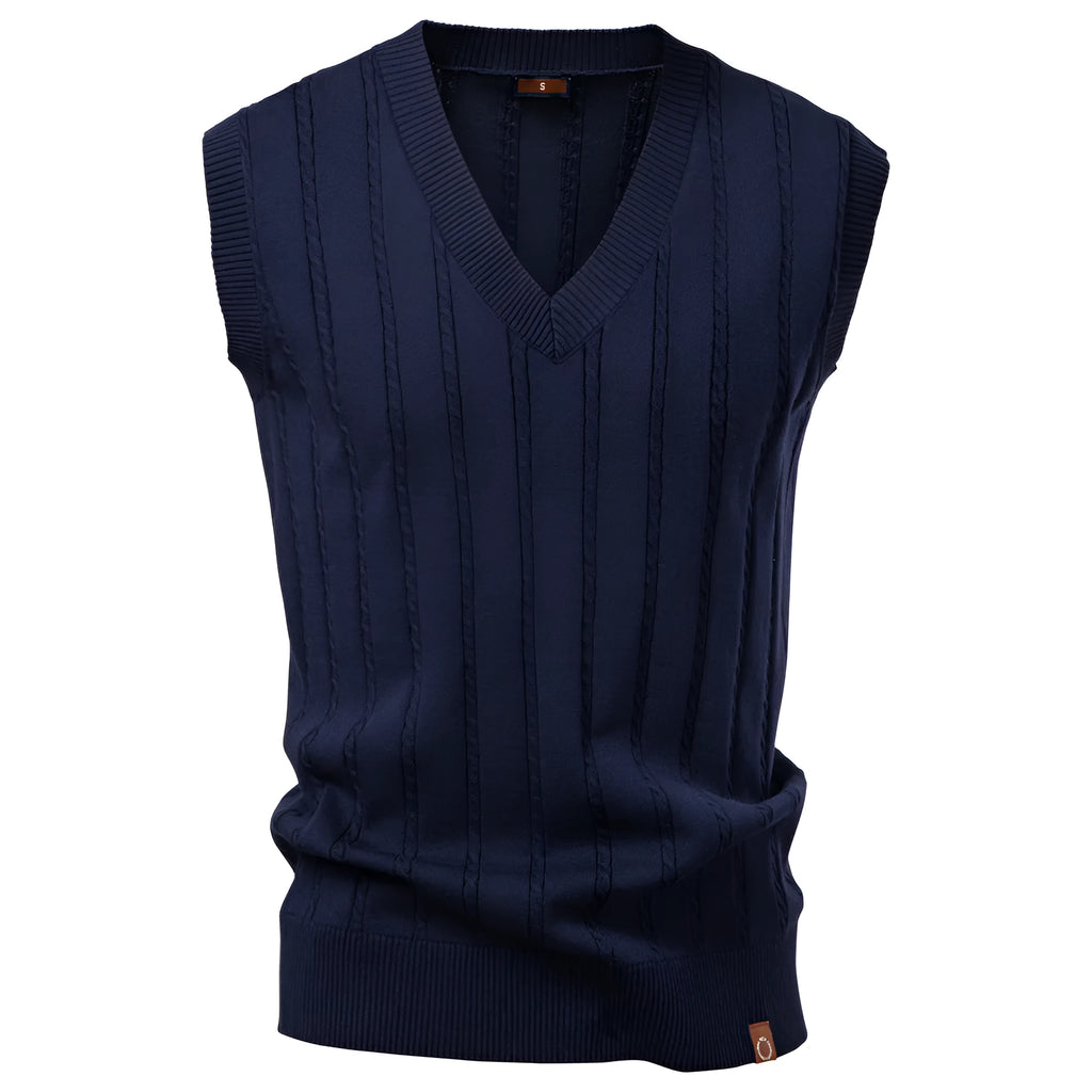 Men's European size V-neck twist sweater vest in dark blue, slim fit, viscose blend