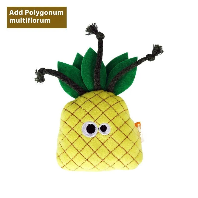 Tiantianmao catnip plush chewing pillow in food theme options like burrito, pineapple, and pizza.