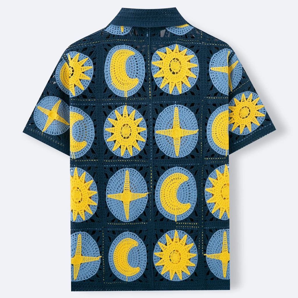 Men's navy blue short-sleeved cardigan with a white cartoon flocking pattern on the front.