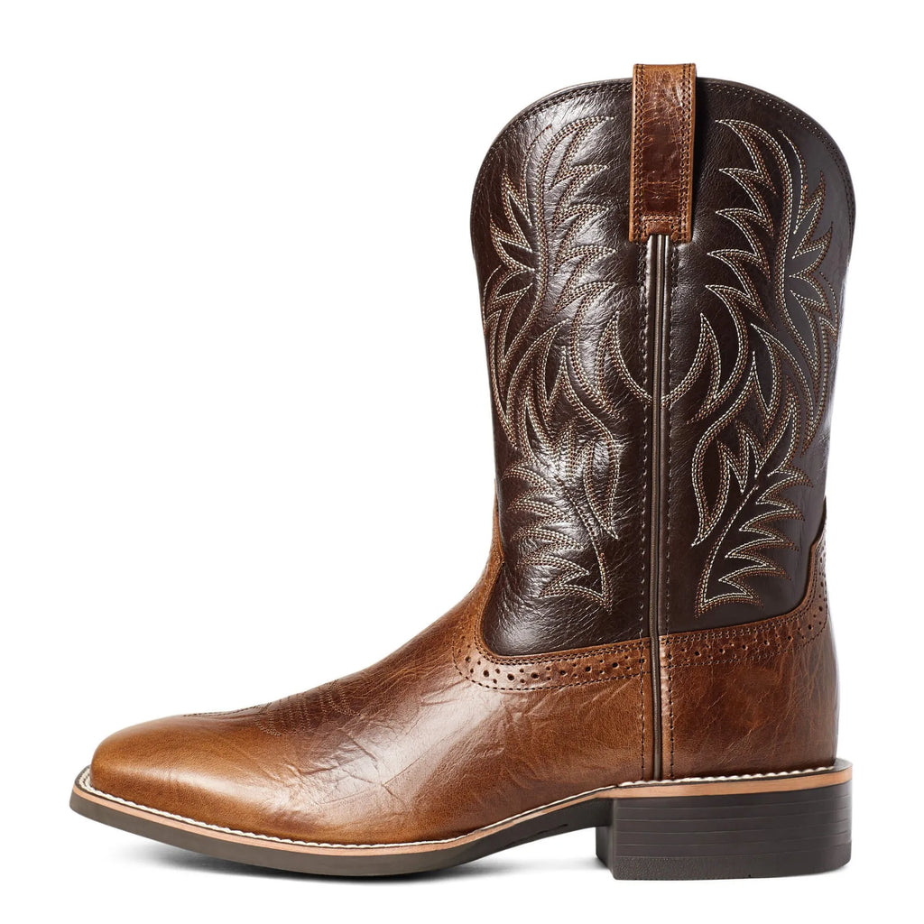 Men's black western cowboy boots with embroidery detail on a square toe and high shaft