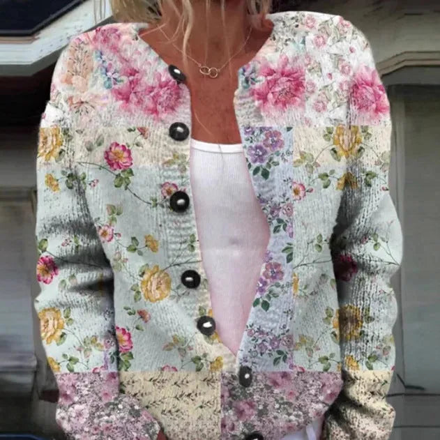 Women's loose-fit cardigan coat with a white 3D geometric digital print pattern on a solid coloured background.