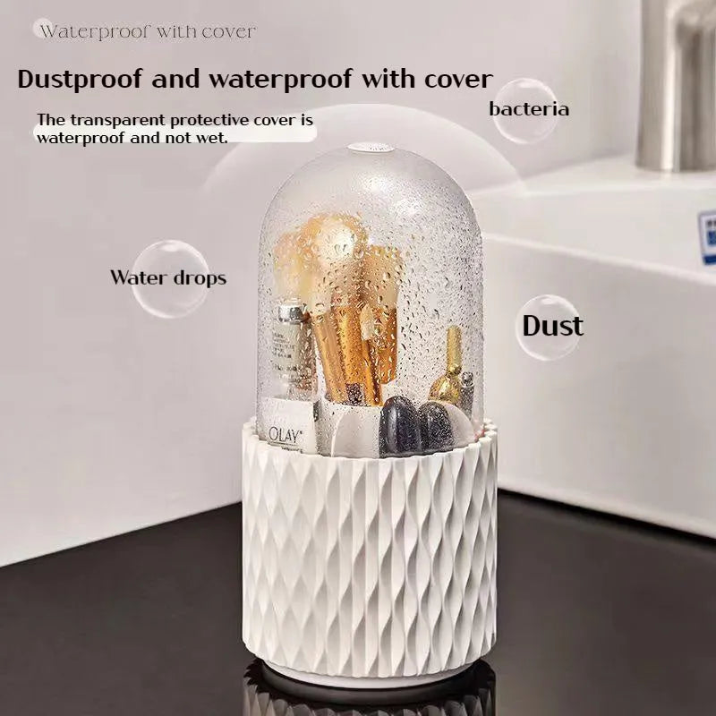 Transparent acrylic makeup brush storage box with rotating base and white brush tubes